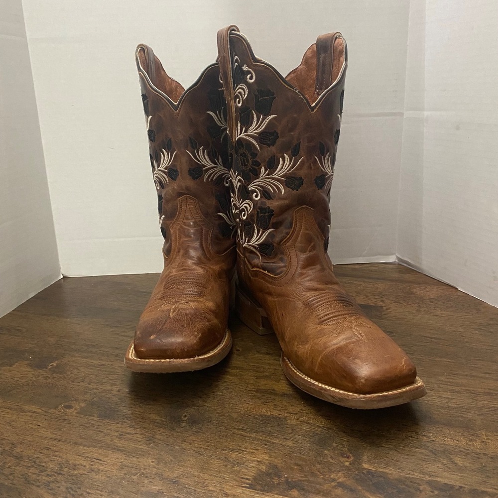 Dan Post Brown Leather Floral Embroidered Square Toe Western Cowboy Boots Womens
